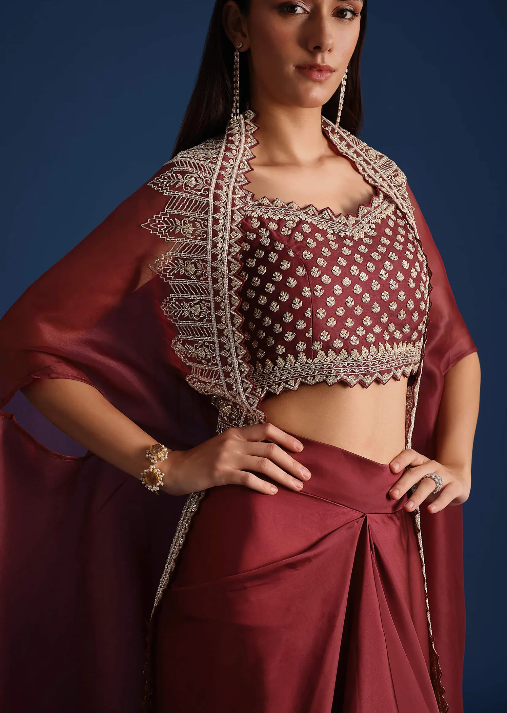 Maroon Cutdana Work Jacket with Draped Skirt and Crop Top