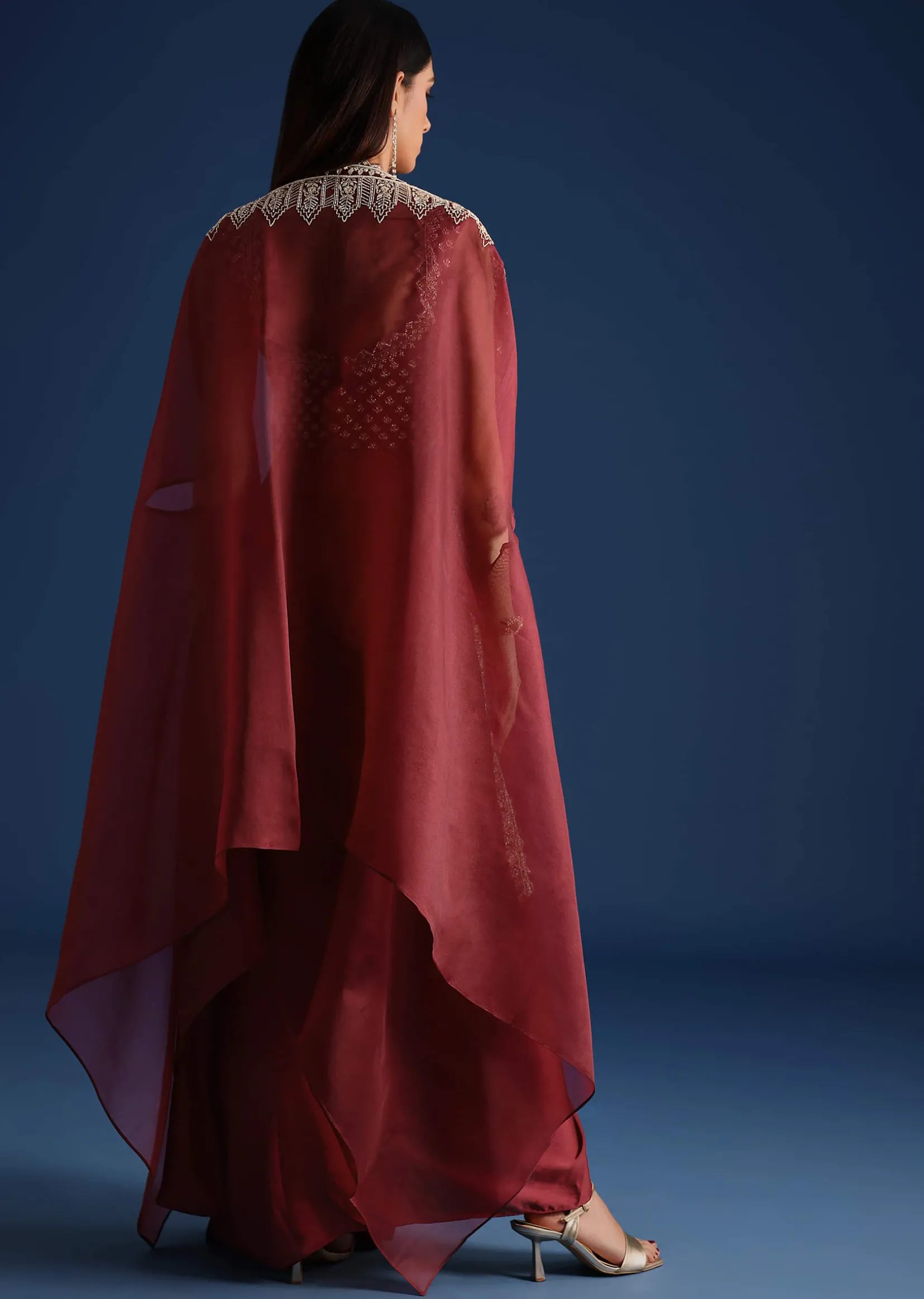 Maroon Cutdana Work Jacket with Draped Skirt and Crop Top