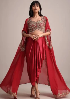 Maroon Embroidered Croptop And Pleated Skirt With Organza Jacket
