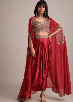 Maroon Embroidered Croptop And Pleated Skirt With Organza Jacket