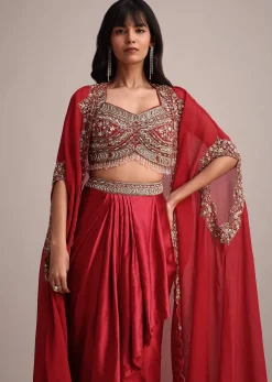 Maroon Embroidered Croptop And Pleated Skirt With Organza Jacket
