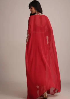 Maroon Embroidered Croptop And Pleated Skirt With Organza Jacket