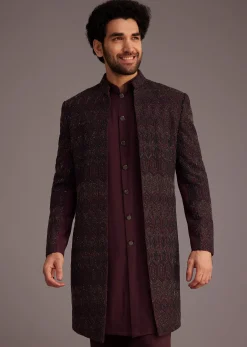 Maroon Embroidered Sherwani With Mandarin Collar