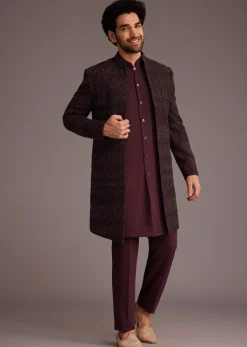 Maroon Embroidered Sherwani With Mandarin Collar