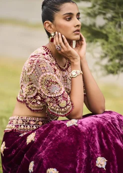 Maroon Embroidered Velvet Lehenga And Blouse With Dupatta