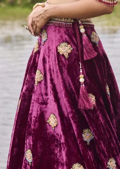 Maroon Embroidered Velvet Lehenga And Blouse With Dupatta
