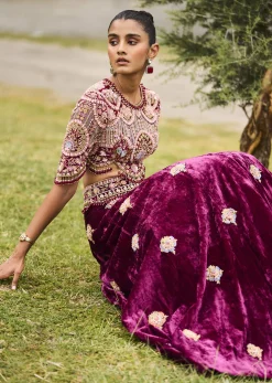 Maroon Embroidered Velvet Lehenga And Blouse With Dupatta