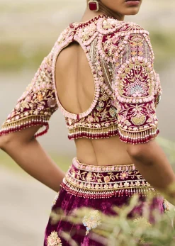 Maroon Embroidered Velvet Lehenga And Blouse With Dupatta