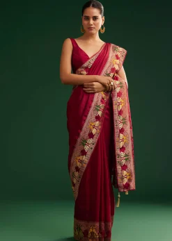 Maroon Georgette Saree With Zari And Multicolour Thread Accents