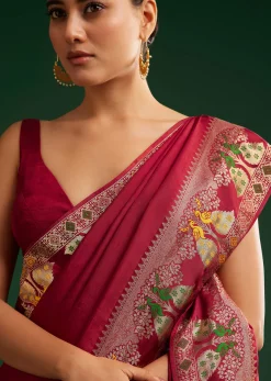 Maroon Georgette Saree With Zari And Multicolour Thread Accents
