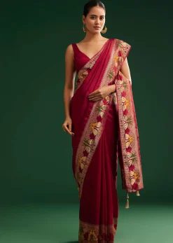 Maroon Georgette Saree With Zari And Multicolour Thread Accents