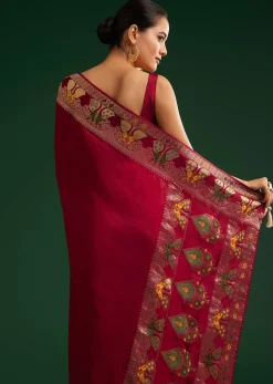 Maroon Georgette Saree With Zari And Multicolour Thread Accents