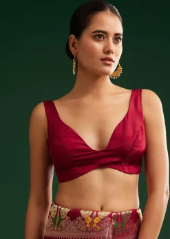 Maroon Georgette Saree With Zari And Multicolour Thread Accents