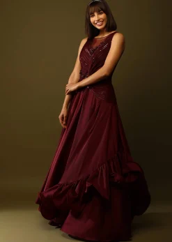 Maroon Gown With Ruched Bodice And Fancy Ruffled Hem