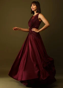 Maroon Gown With Ruched Bodice And Fancy Ruffled Hem