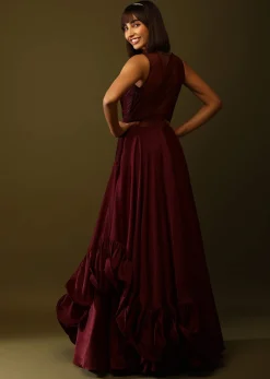 Maroon Gown With Ruched Bodice And Fancy Ruffled Hem