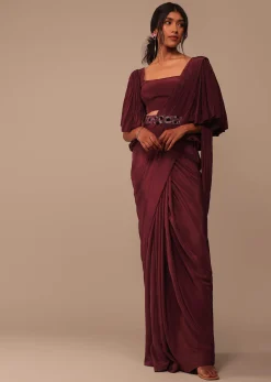 Maroon Indo-western Creep Saree Set With Embroidered Belt