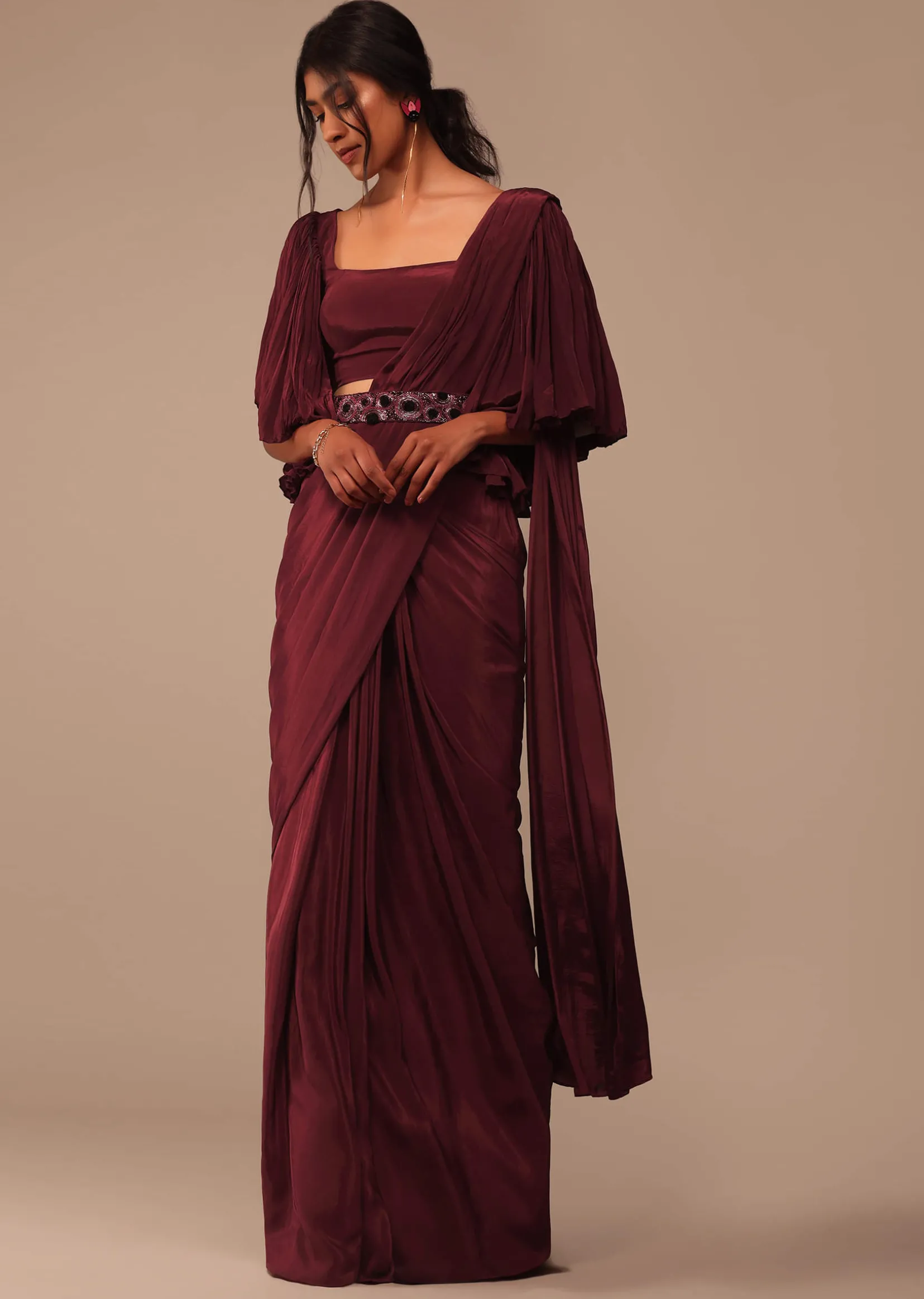 Maroon Indo-western Creep Saree Set With Embroidered Belt