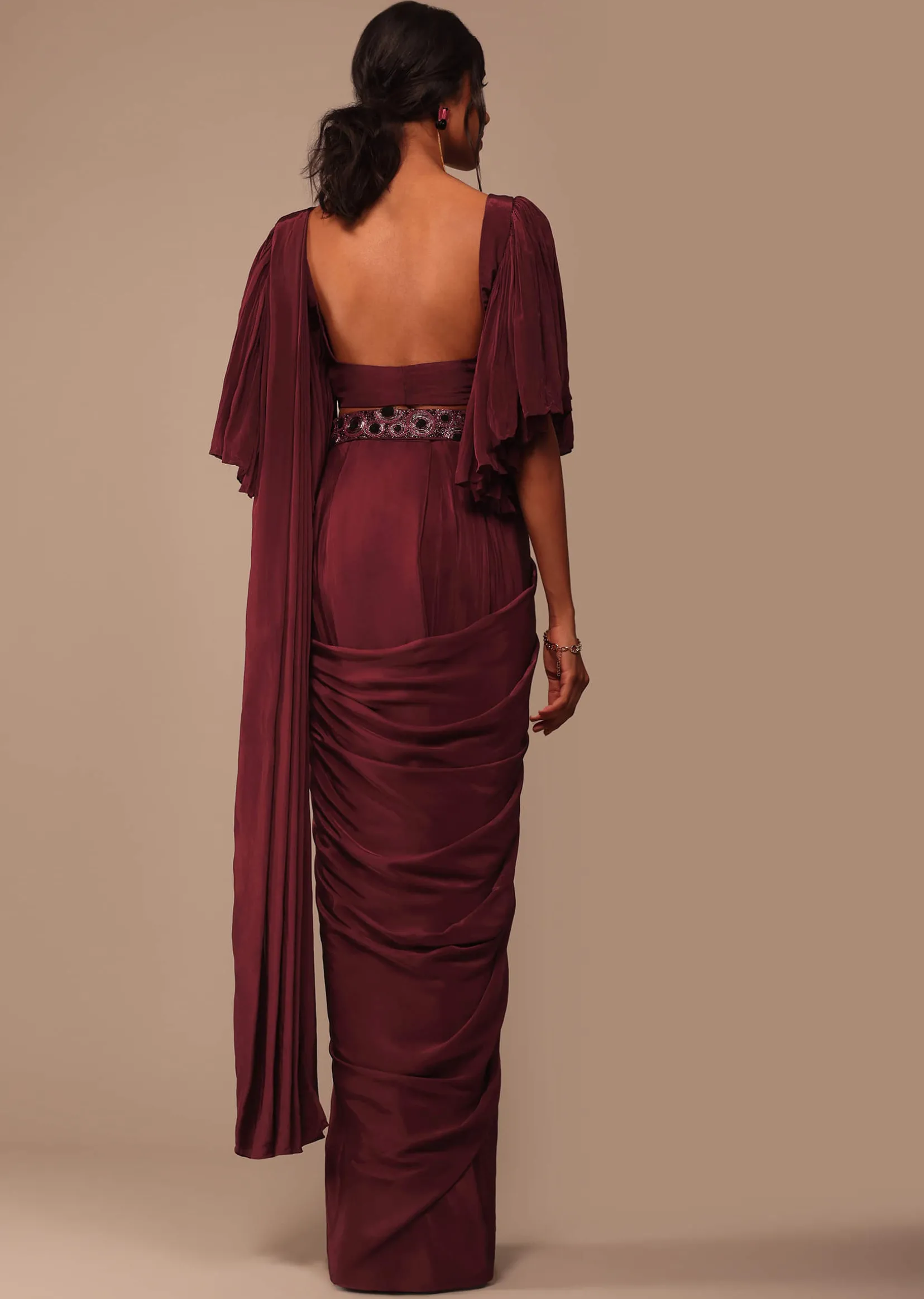 Maroon Indo-western Creep Saree Set With Embroidered Belt