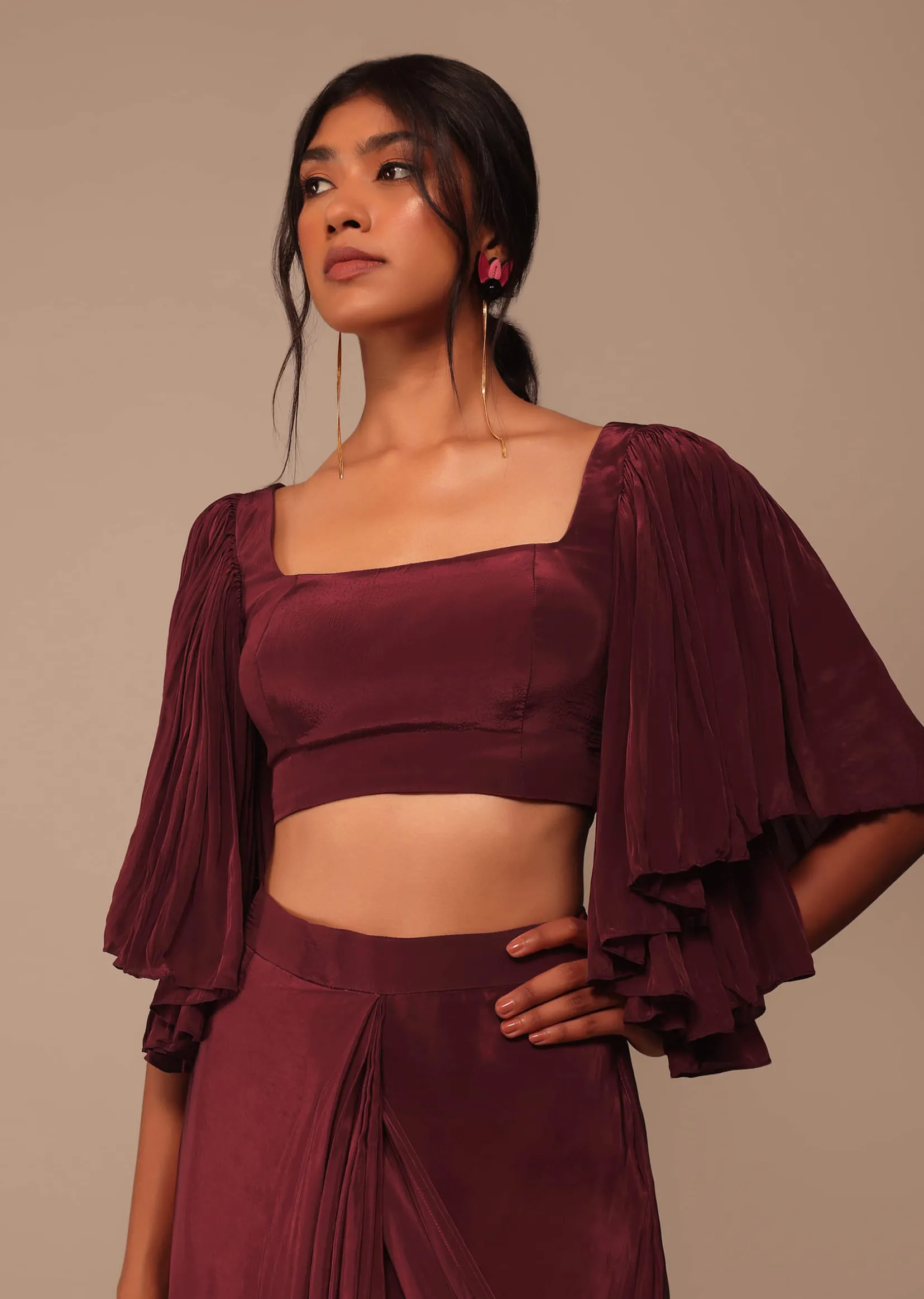 Maroon Indo-western Creep Saree Set With Embroidered Belt