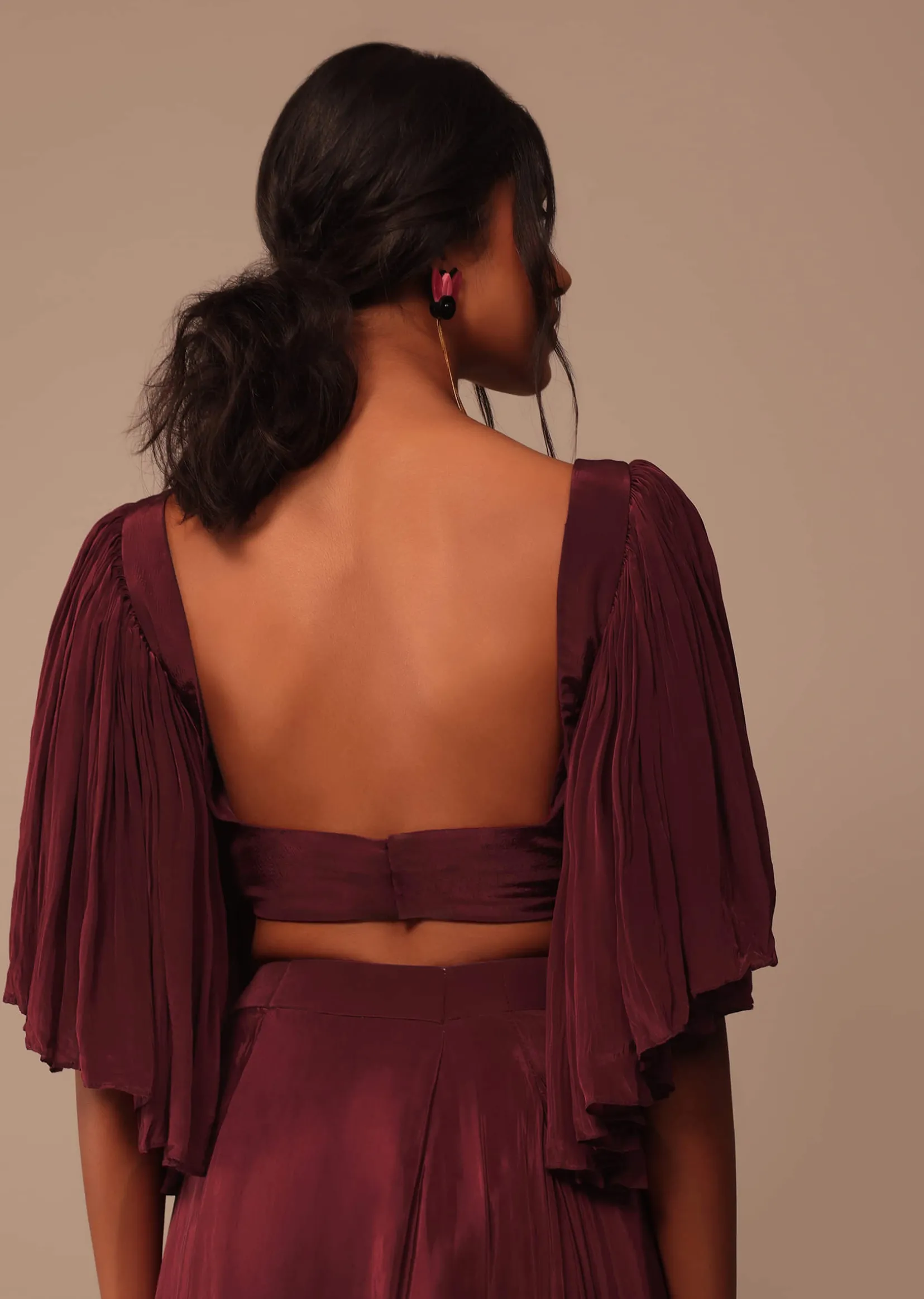 Maroon Indo-western Creep Saree Set With Embroidered Belt