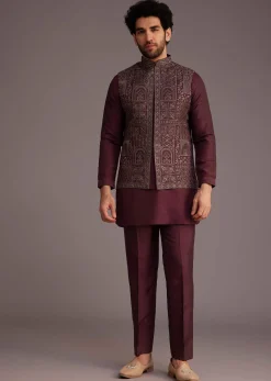 Maroon Kurta Set With Embroidered Jacket