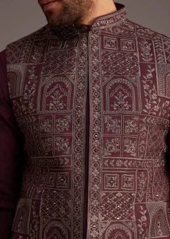 Maroon Kurta Set With Embroidered Jacket