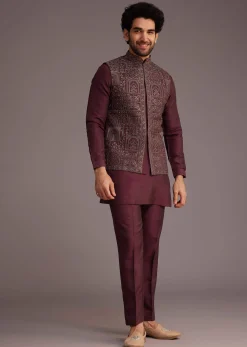 Maroon Kurta Set With Embroidered Jacket