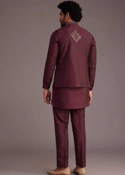 Maroon Kurta Set With Embroidered Jacket