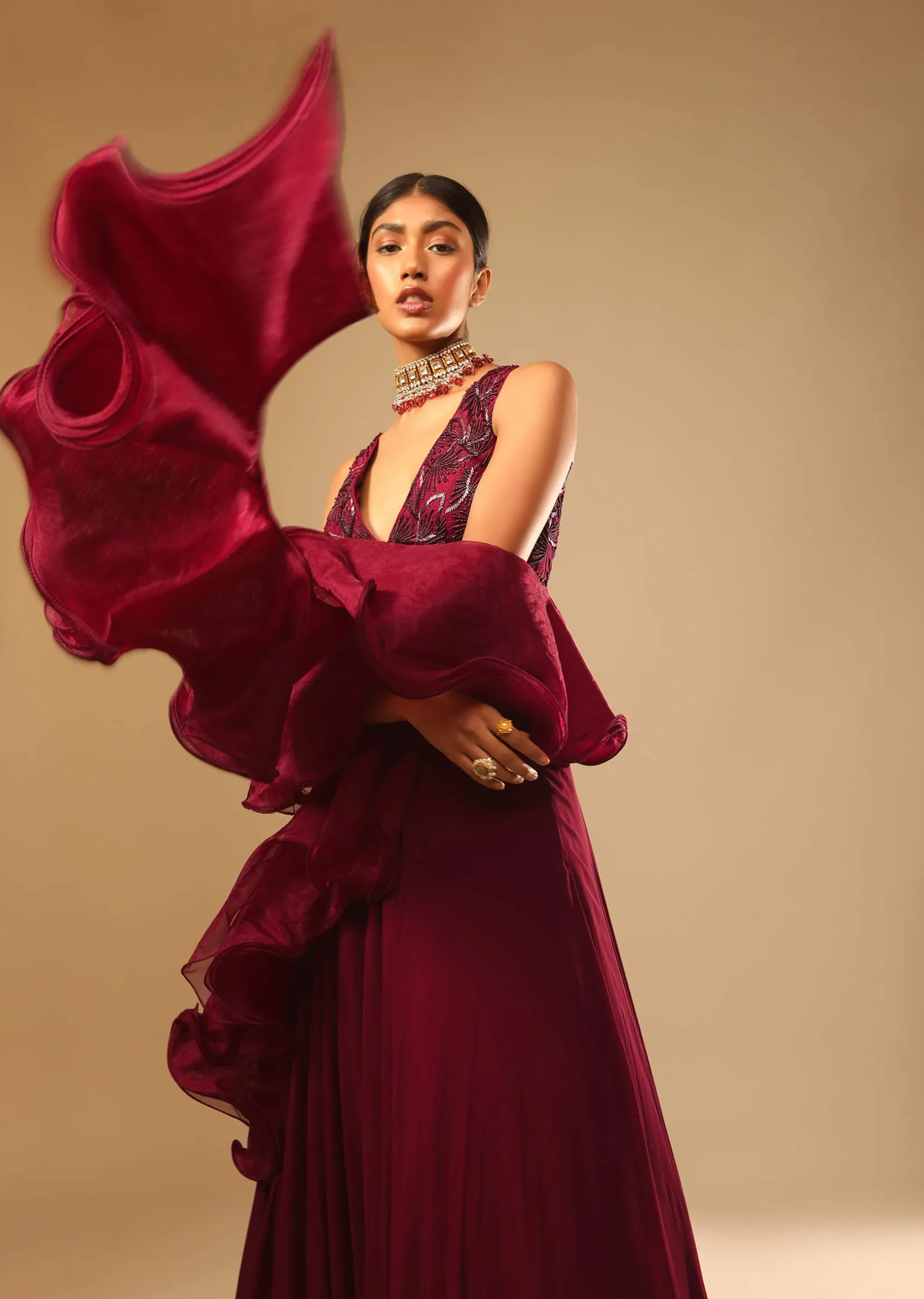 Maroon Lehenga And Crop Top With Hand Embroidered Leaf Motifs And A Ruffle Dupatta