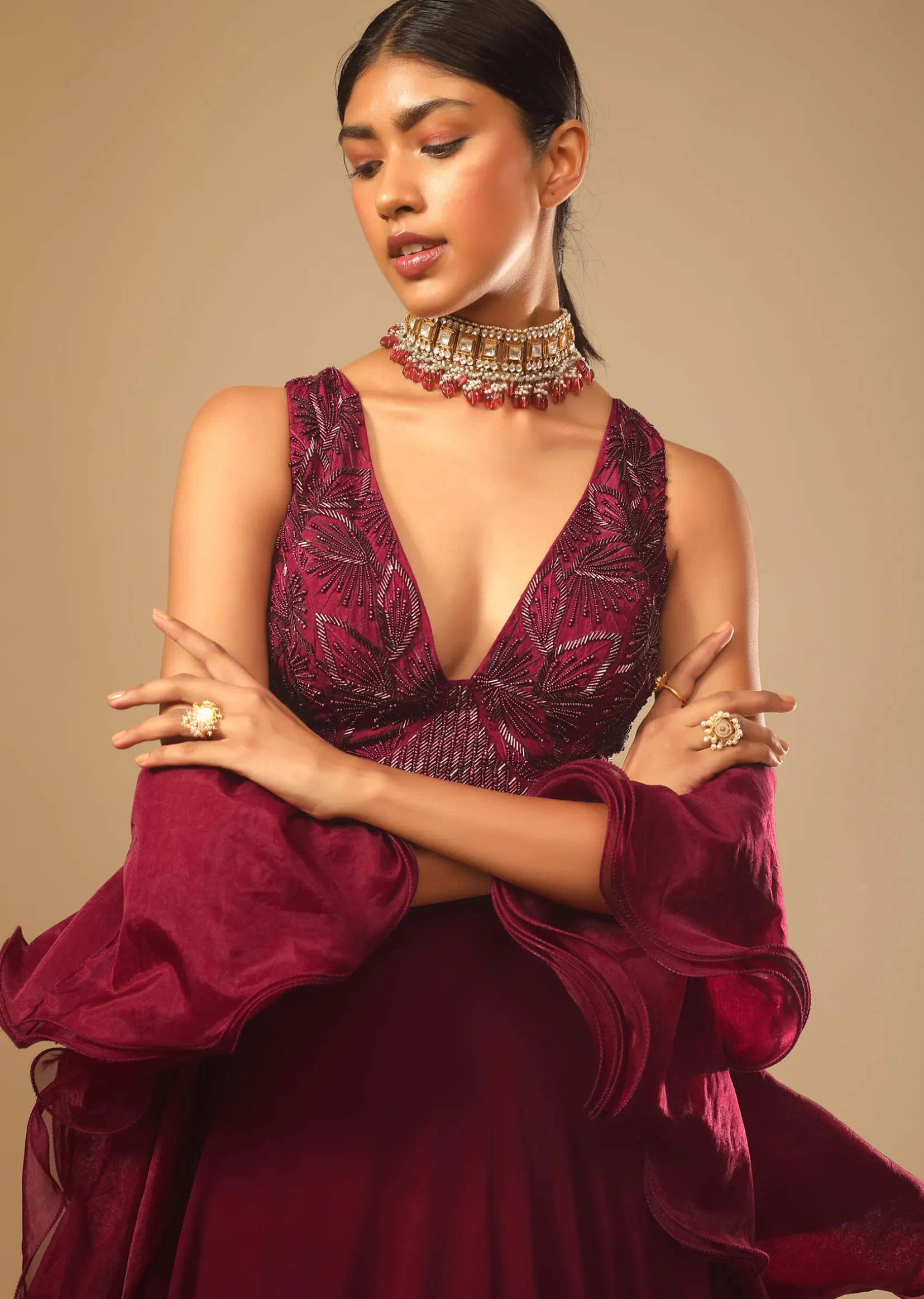 Maroon Lehenga And Crop Top With Hand Embroidered Leaf Motifs And A Ruffle Dupatta