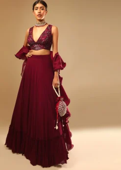 Maroon Lehenga And Crop Top With Hand Embroidered Leaf Motifs And A Ruffle Dupatta