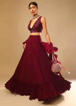 Maroon Lehenga And Crop Top With Hand Embroidered Leaf Motifs And A Ruffle Dupatta