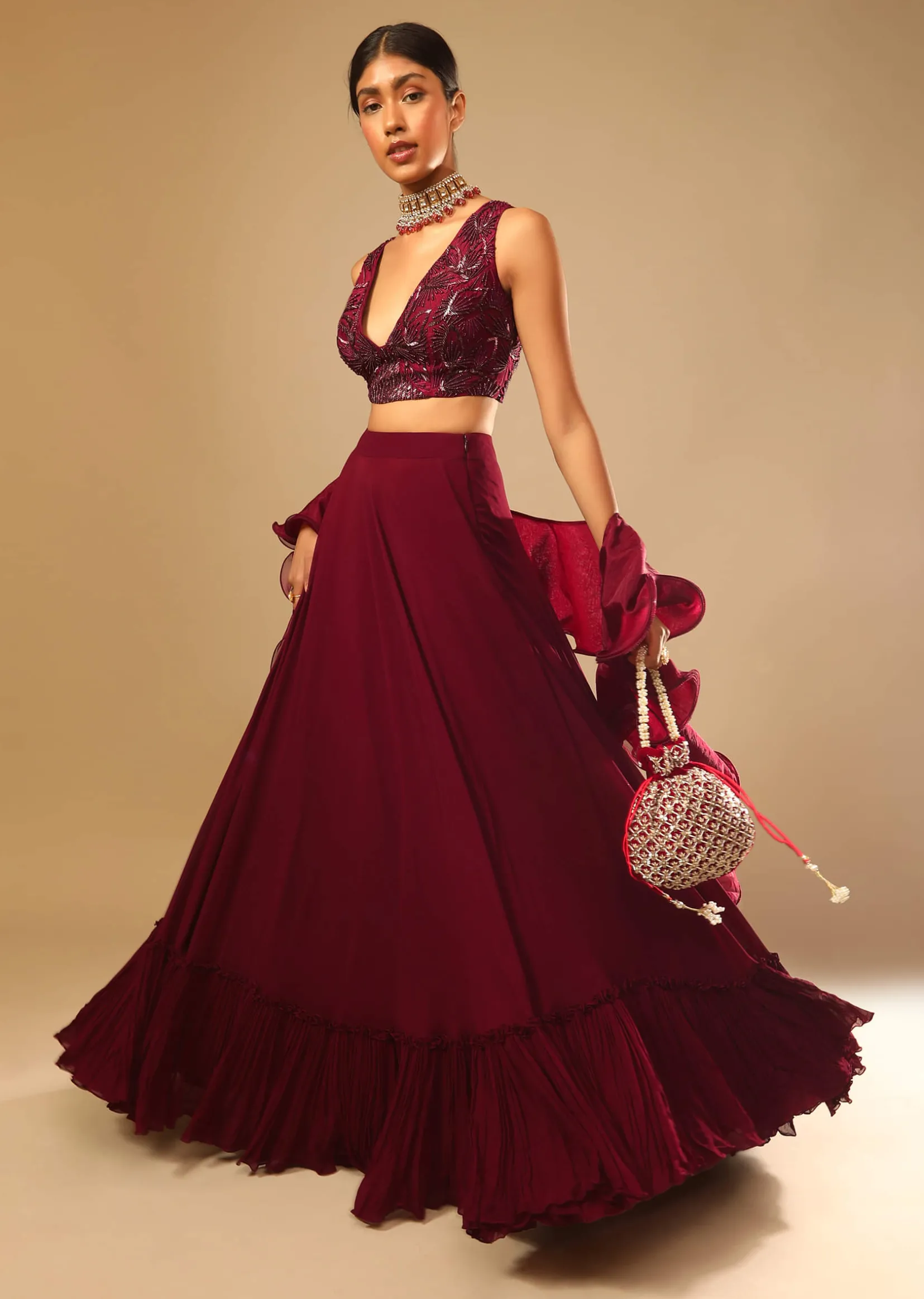 Maroon Lehenga And Crop Top With Hand Embroidered Leaf Motifs And A Ruffle Dupatta