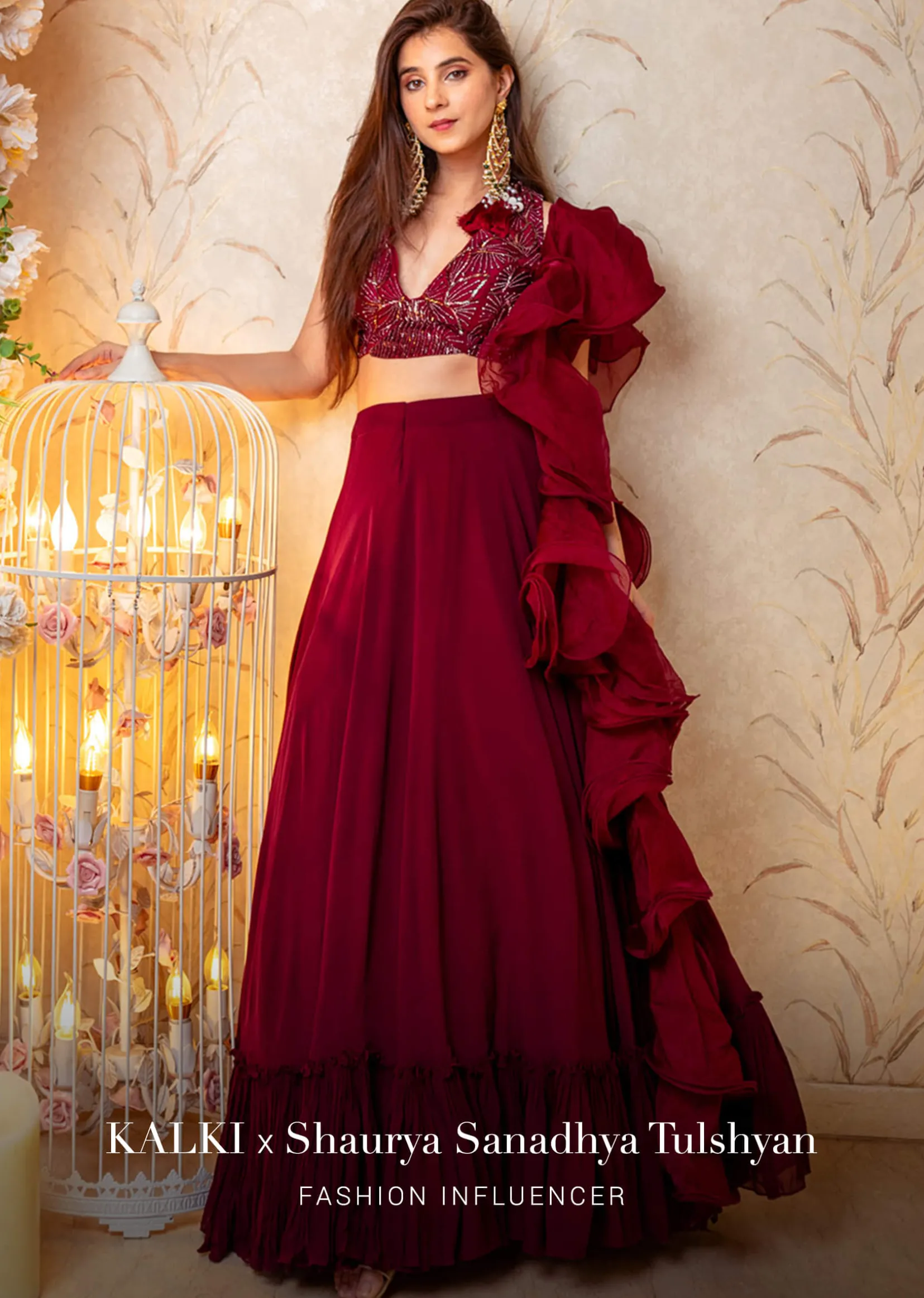 Maroon Lehenga And Crop Top With Hand Embroidered Leaf Motifs And A Ruffle Dupatta
