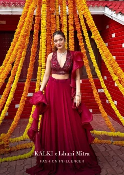 Maroon Lehenga And Crop Top With Hand Embroidered Leaf Motifs And A Ruffle Dupatta