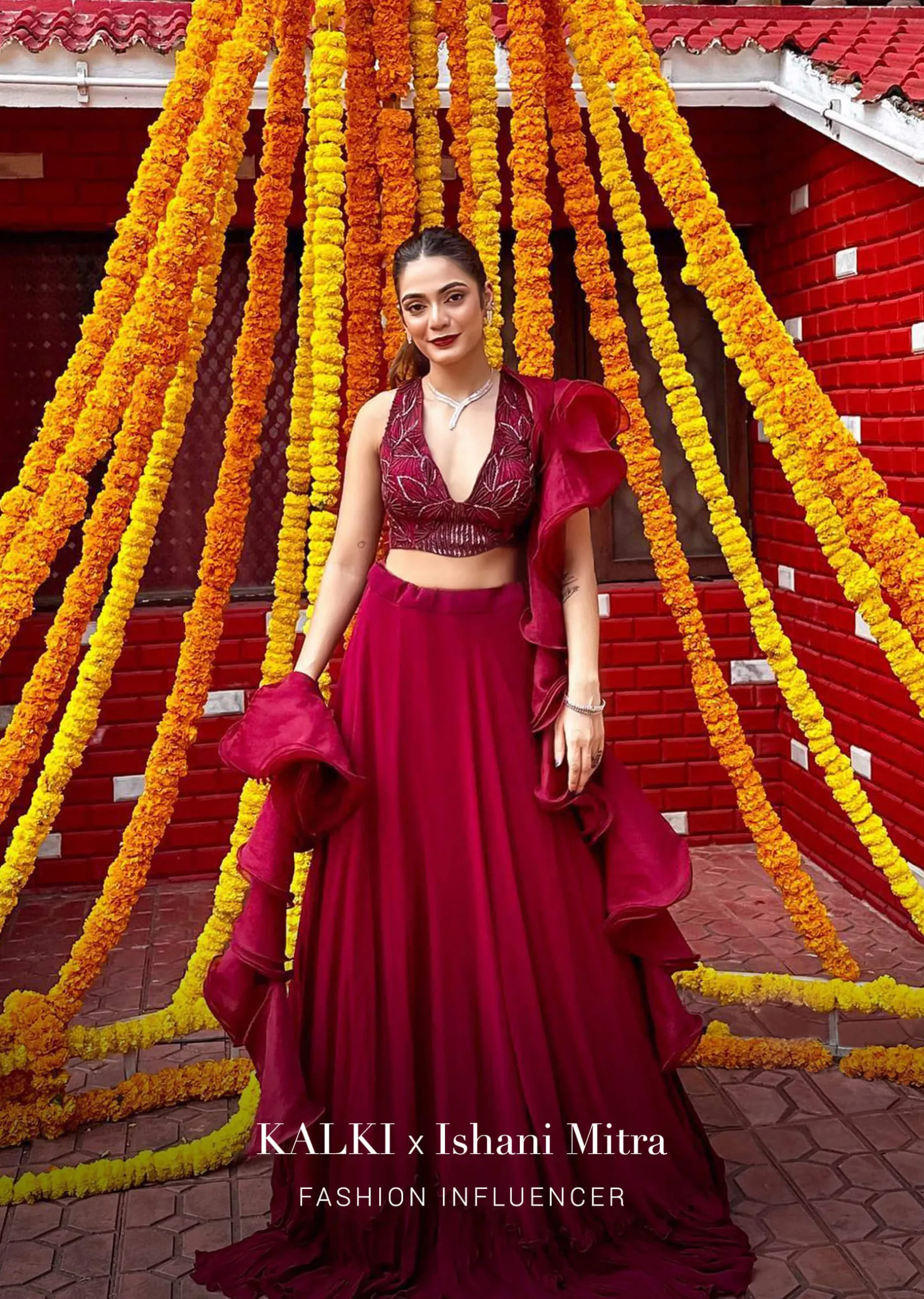 Maroon Lehenga And Crop Top With Hand Embroidered Leaf Motifs And A Ruffle Dupatta