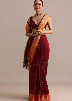 Maroon Linen Woven Saree With Zari Border And Unstitched Blouse