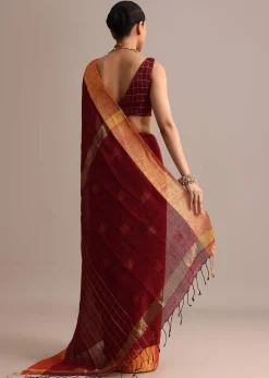 Maroon Linen Woven Saree With Zari Border And Unstitched Blouse