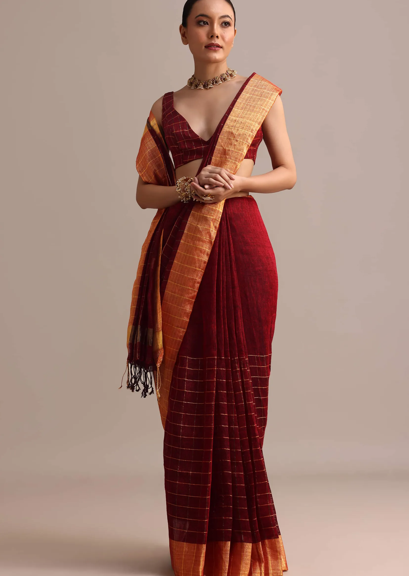 Maroon Linen Woven Saree With Zari Border And Unstitched Blouse