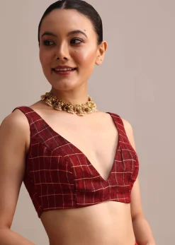 Maroon Linen Woven Saree With Zari Border And Unstitched Blouse