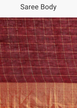 Maroon Linen Woven Saree With Zari Border And Unstitched Blouse
