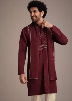 Maroon Mirror Embroidered Kurta Set With Dupatta