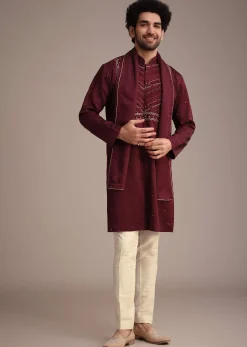 Maroon Mirror Embroidered Kurta Set With Dupatta