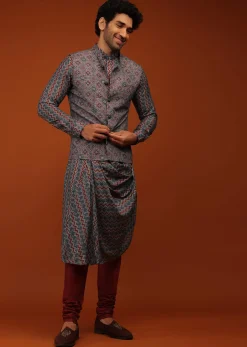 Maroon Nehru Jacket And Kurta Set In Ajrak And Chevron Print, Matching Print Kurta In Full Sleeves