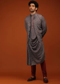 Maroon Nehru Jacket And Kurta Set In Ajrak And Chevron Print, Matching Print Kurta In Full Sleeves