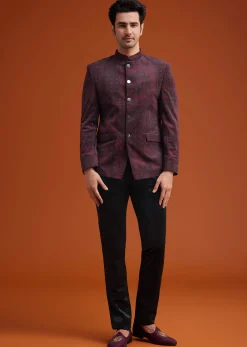 Maroon Printed Jodhpuri Suit With Pocket Square