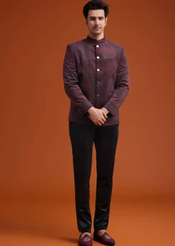 Maroon Printed Jodhpuri Suit With Pocket Square