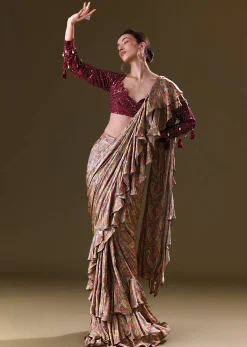 Maroon Printed Pre Stitched Frill Saree With Sequence Blouse