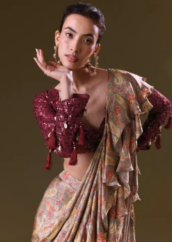 Maroon Printed Pre Stitched Frill Saree With Sequence Blouse